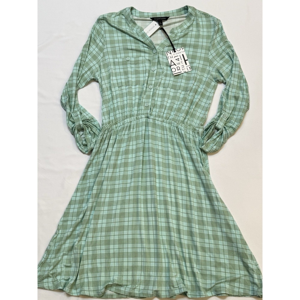 41 Hawthorn Women's Sz M Green Plaid Shirt Dress Long Sleeve V-Neck Button